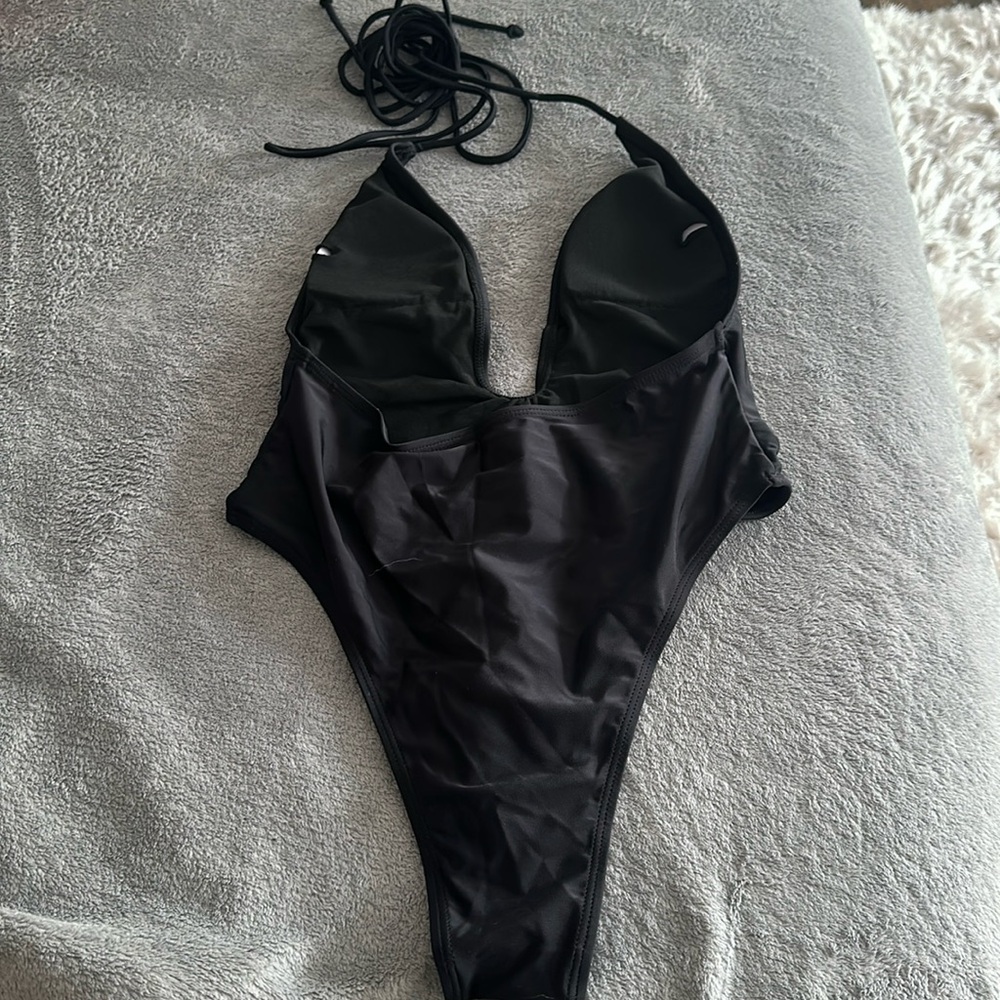 Women’s Black Deep V Low back One-Piece Swimsuit - Picture 2 of 3
